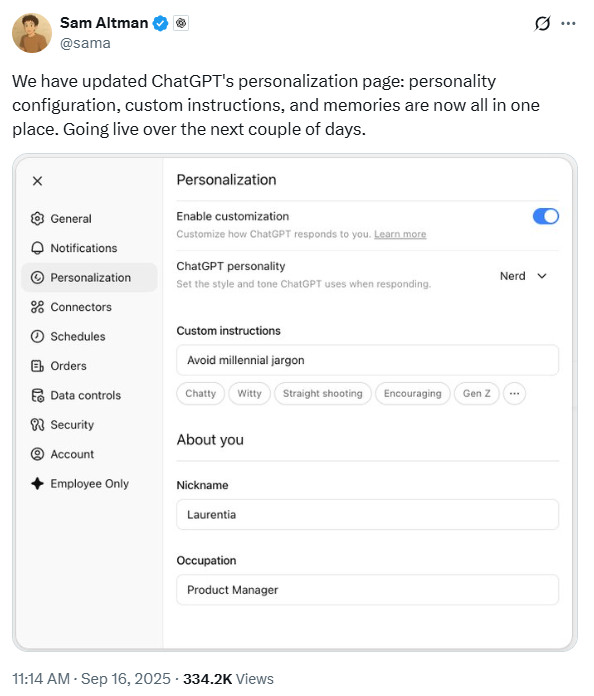 OpenAI发布ChatGPT个性化页面重大更新