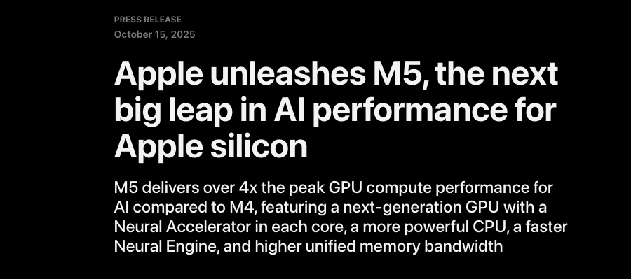 苹果M5芯片正式发布 14英寸MacBook Pro等三款新品首发