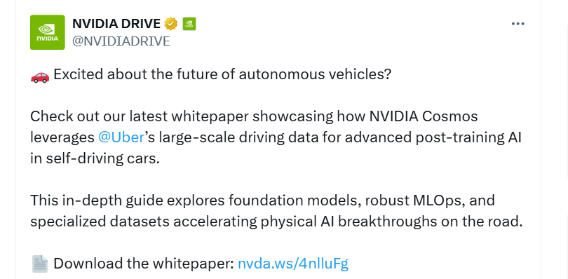 英伟达宣布与优步合作：推进自动驾驶汽车技术研发！