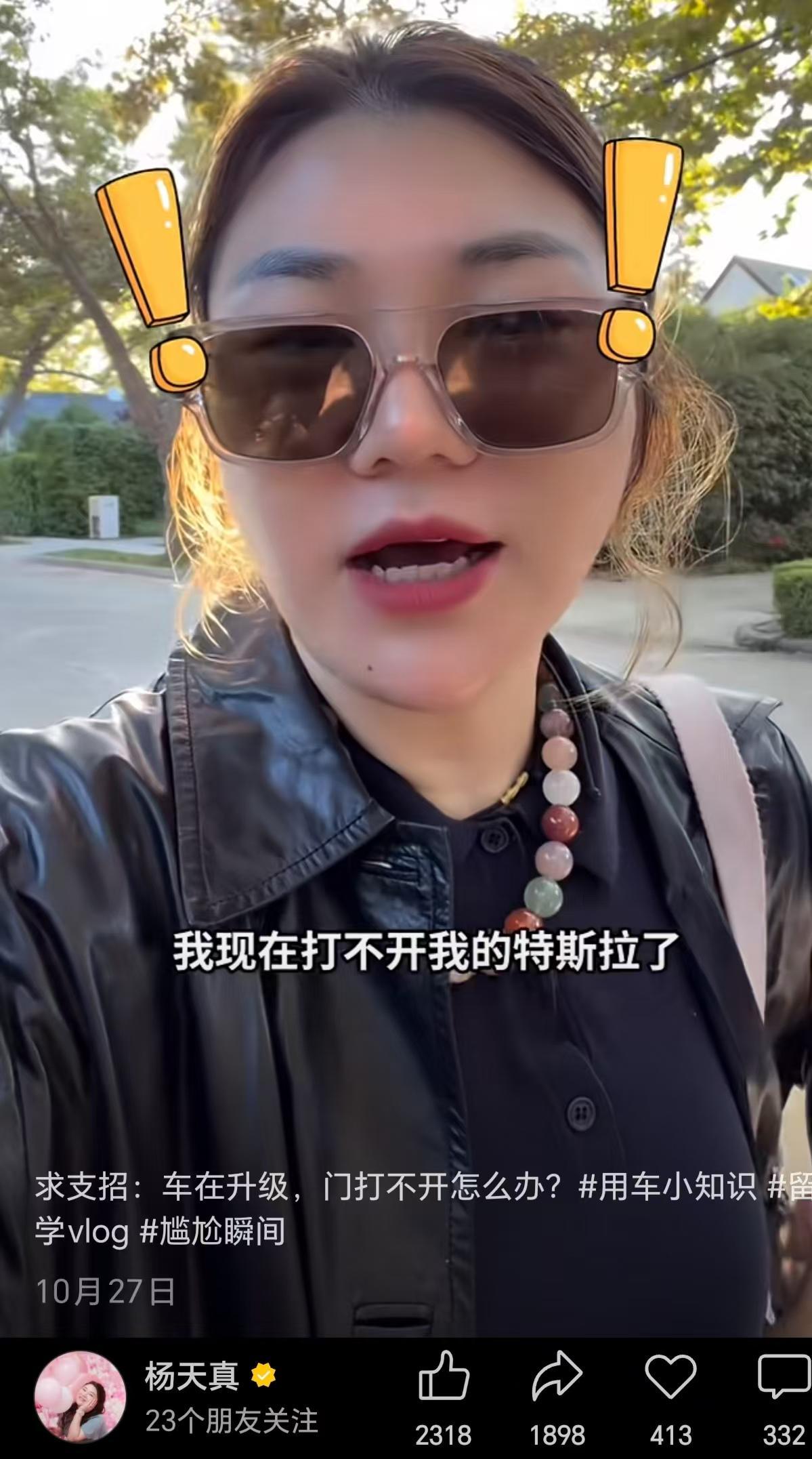 杨天真遇特斯拉车门打不开 客服回应系统更新需谨慎
