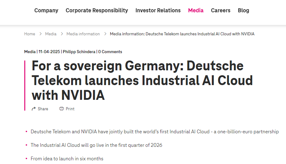 英伟达携手德国电信10亿欧元建AI数据中心 德国算力将增50%