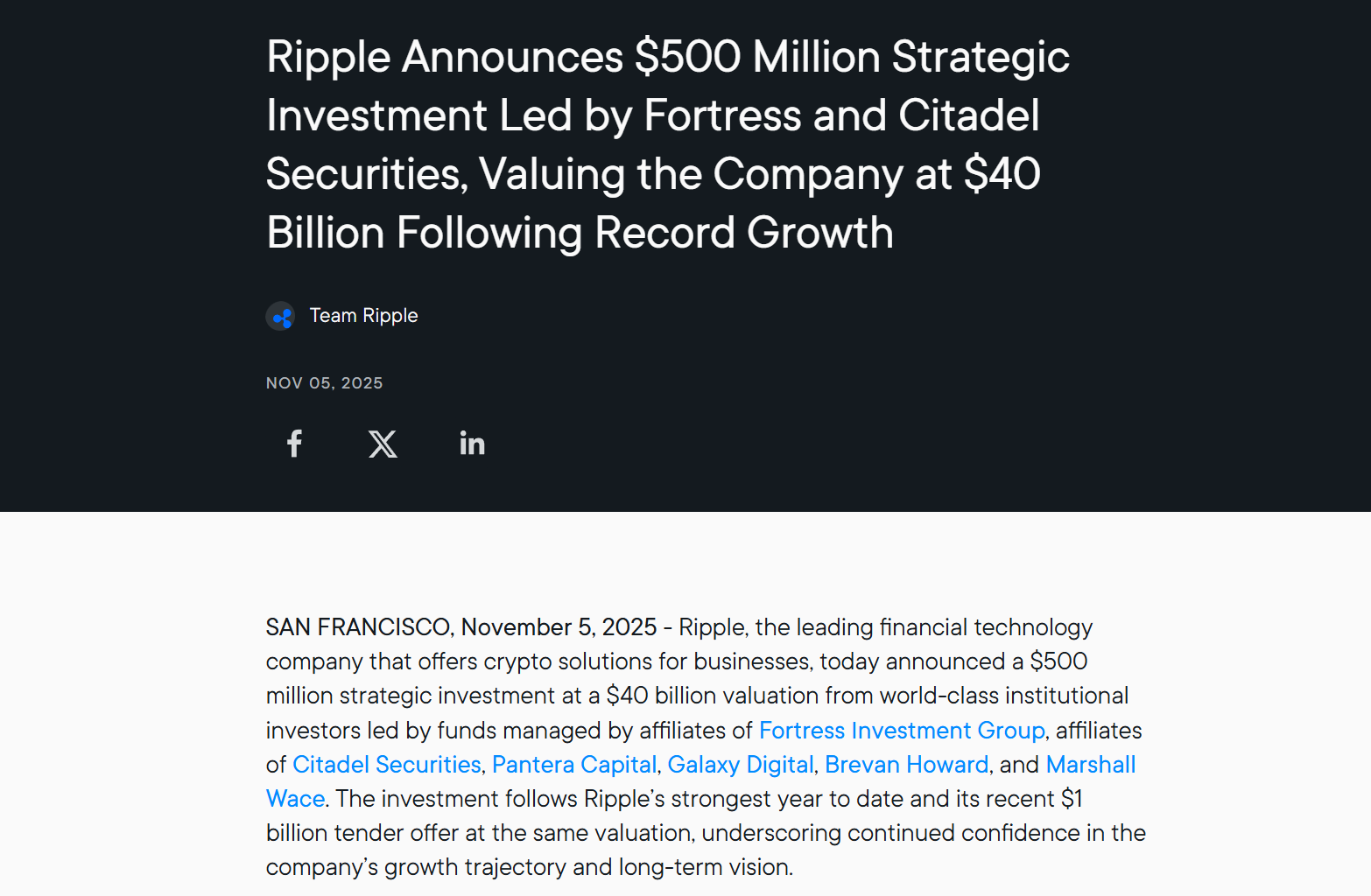Ripple完成5亿美元融资 估值达400亿美元成全球第四大加密货币发行商