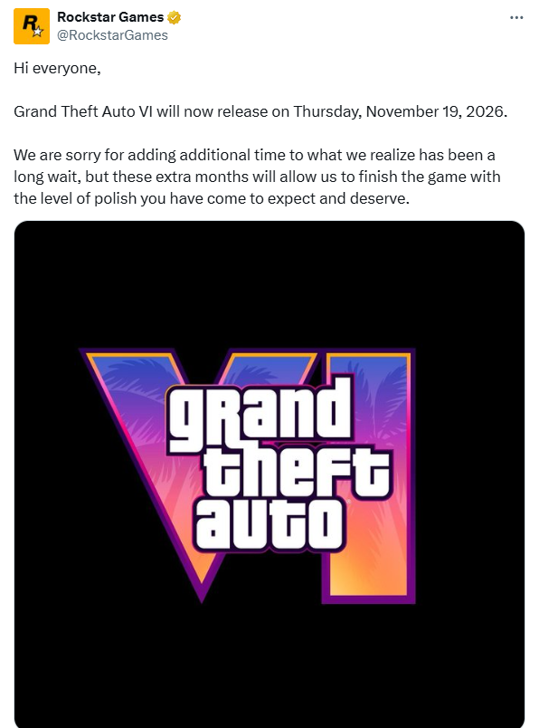 《侠盗猎车手6》发售日期正式确认：2026年11月19日
