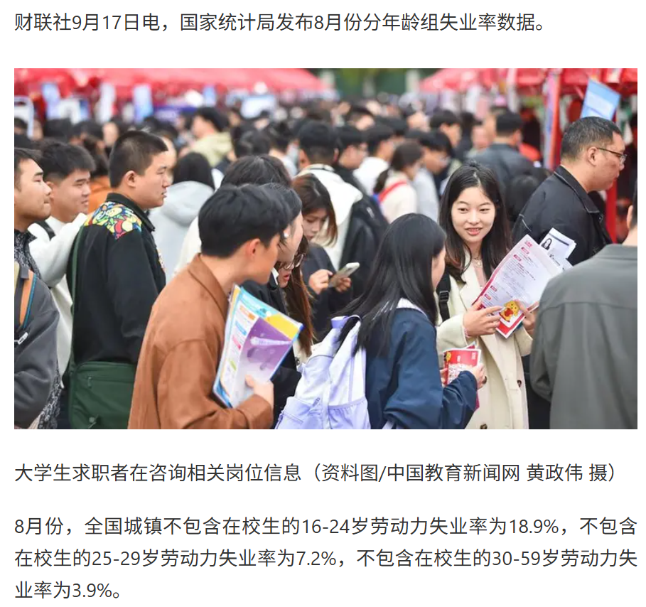 8月青年失业率攀升至18.9%：就业市场压力持续增大