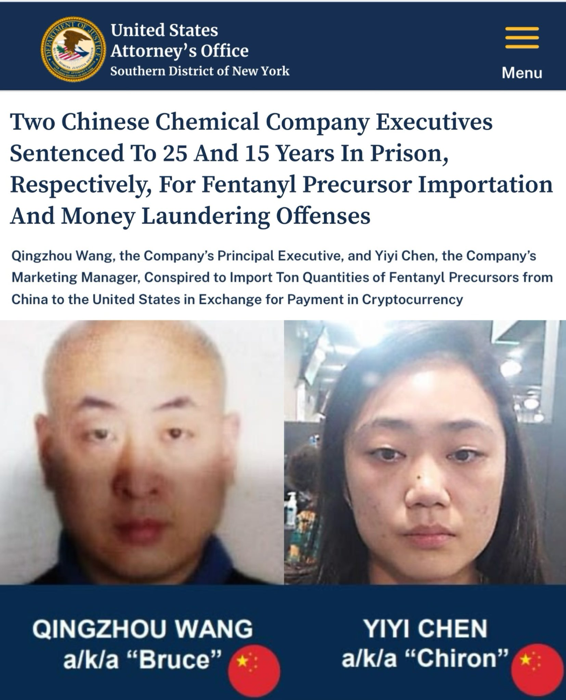 中国公司高管因贩运芬太尼原料在美国被判25年监禁