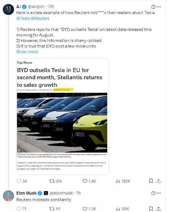 马斯克揭露：比亚迪欧盟销量超特斯拉报道存在误导
