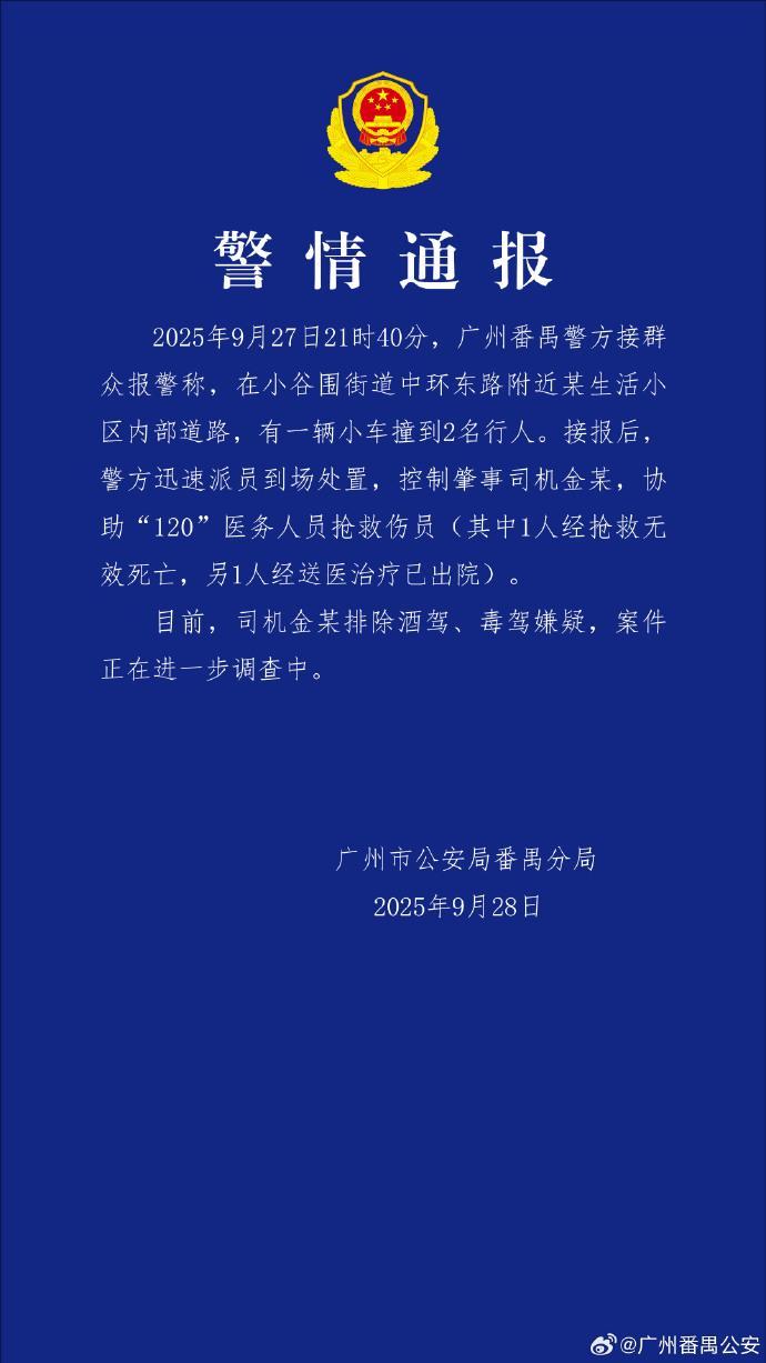 广州番禺小车撞人事件：1死1伤，司机排除酒驾毒驾