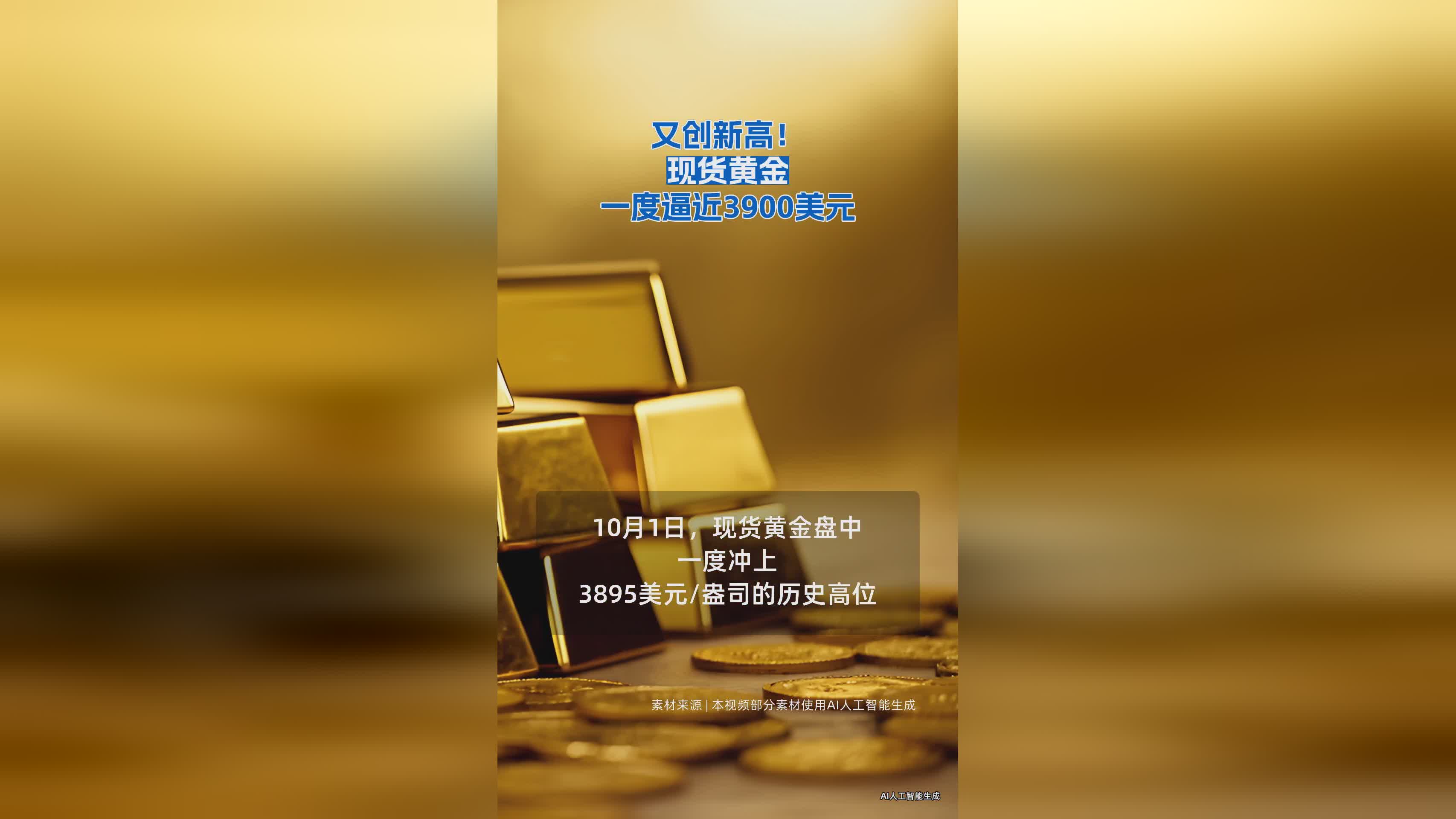 现货黄金价格再创新高，逼近3900美元大关