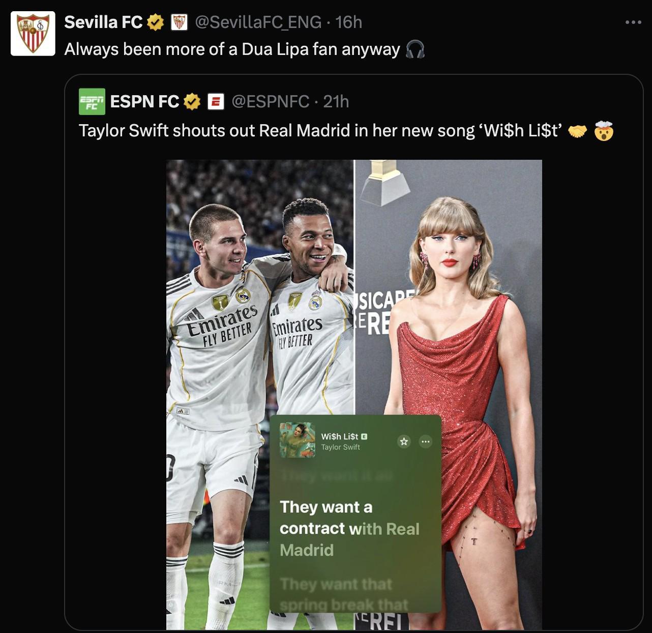 塞维利亚官方幽默回应霉霉专辑提皇马：更偏爱Dua Lipa