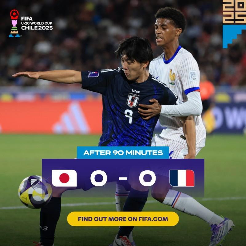 U20世界杯1/8决赛：日本0-0法国，90分钟激战无果进入加时