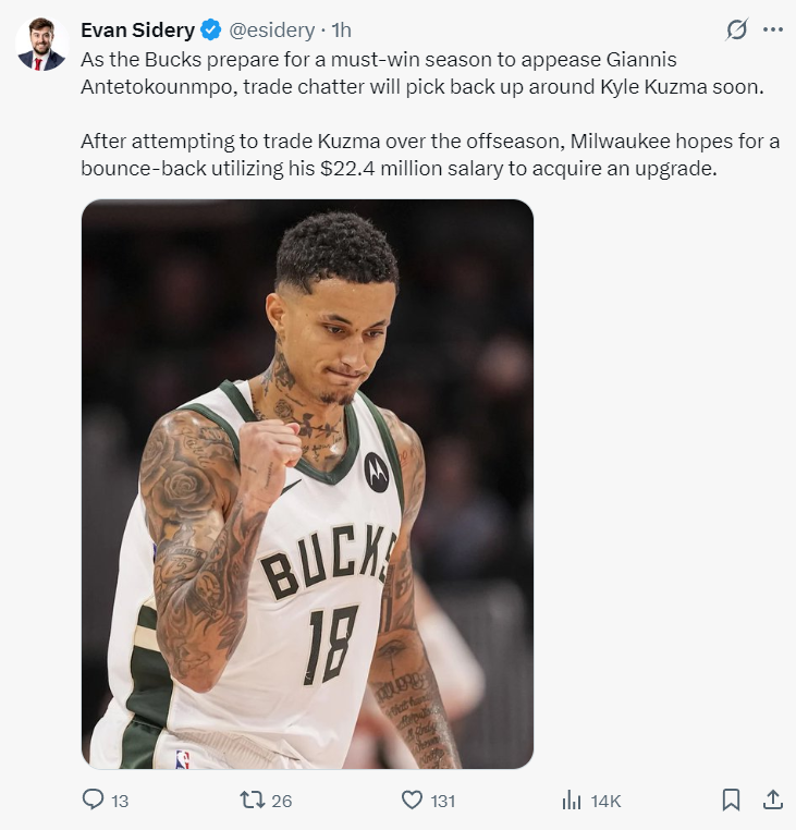 雄鹿加速交易库兹马：为字母哥引援，阵容升级迫在眉睫