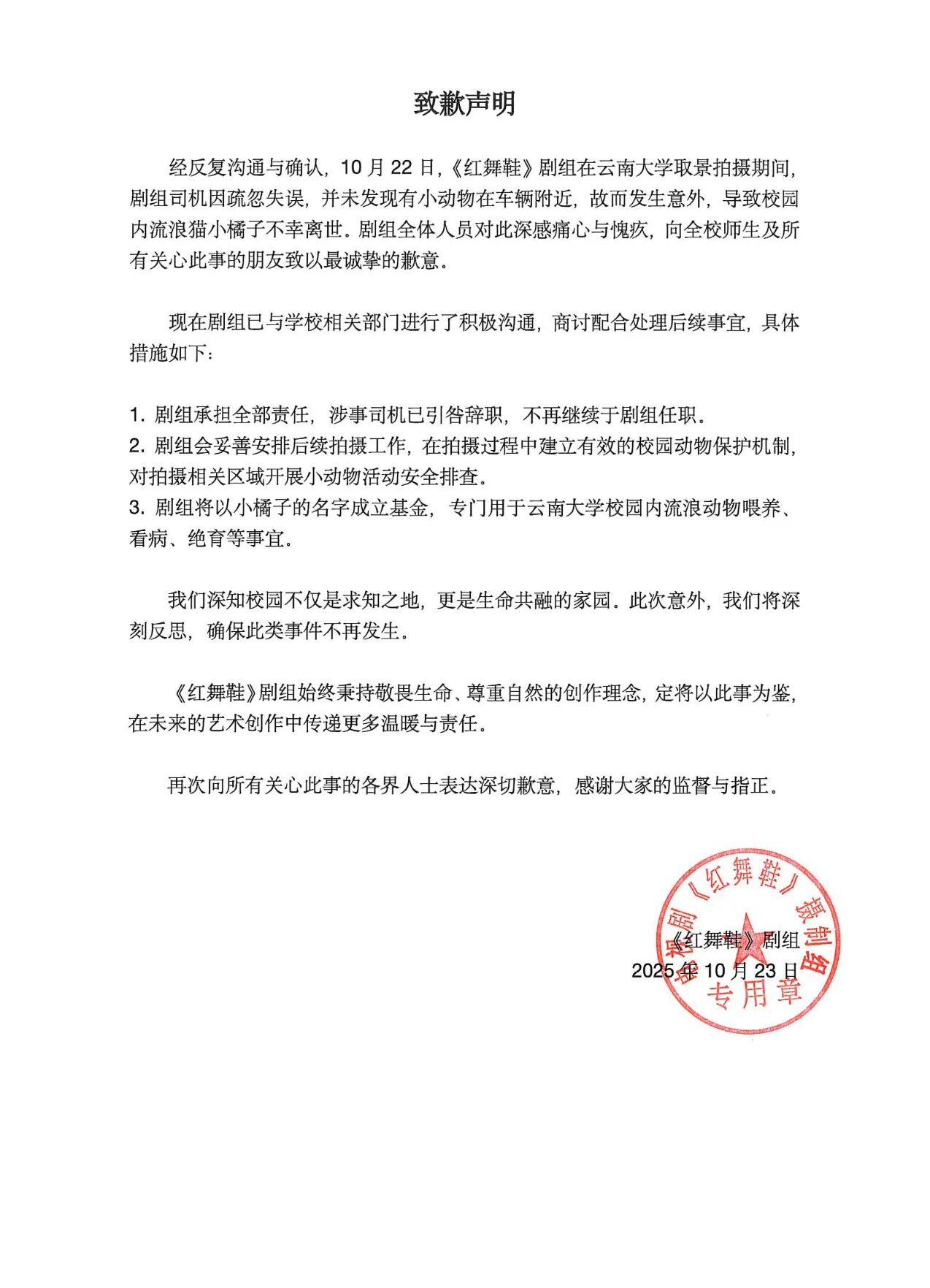 春羽影视《红舞鞋》剧组校园撞猫事件始末及致歉声明