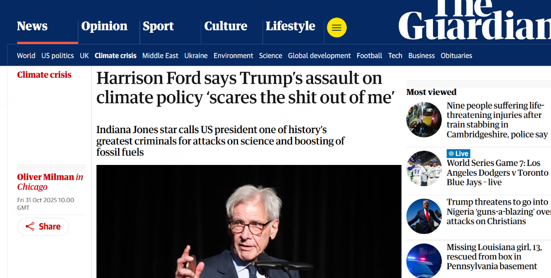 哈里斯·福特痛批特朗普：疯狂敛财致世界走向气候灾难