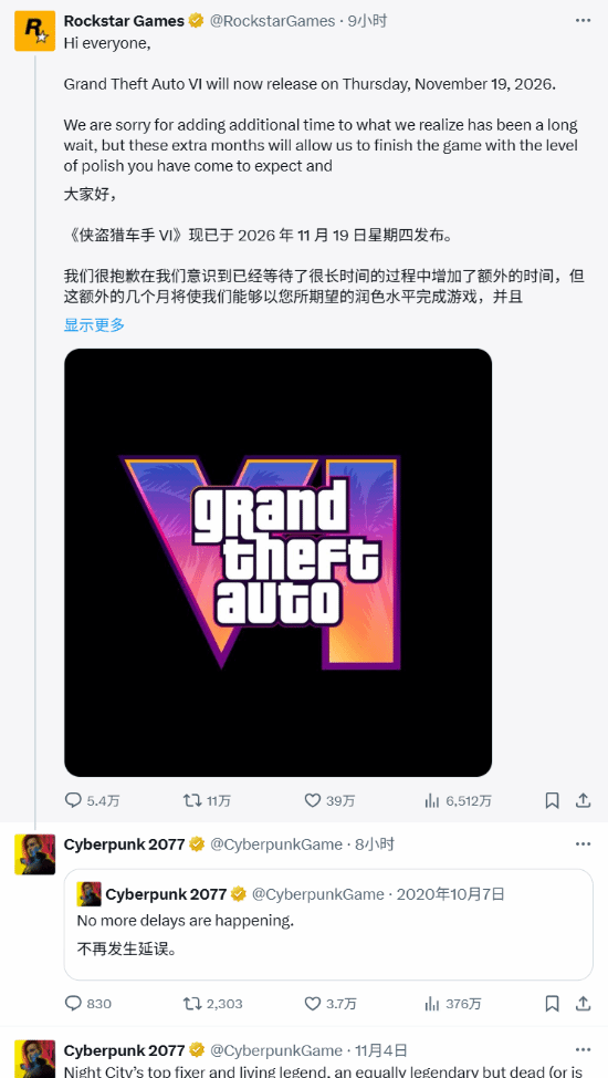 CDPR推文暗讽《GTA6》跳票 引发玩家激烈讨论