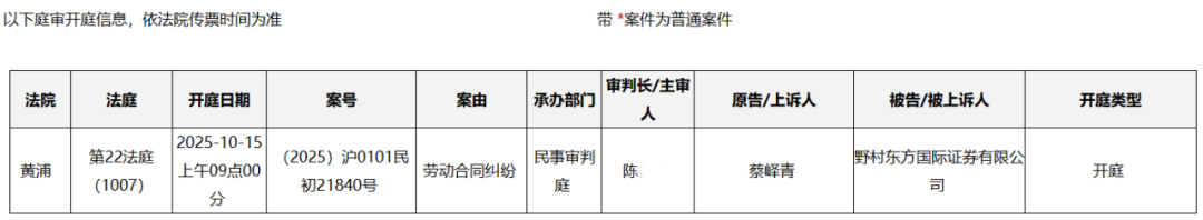野村证券20年老员工起诉老东家，劳动合同纠纷引发关注