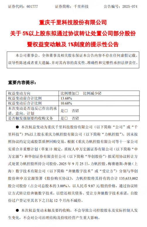 千里科技3%股份协议转让给奔驰，交易对价13.39亿元