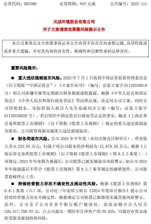 *ST元成立案调查进展公布，受损股民可依法索赔
