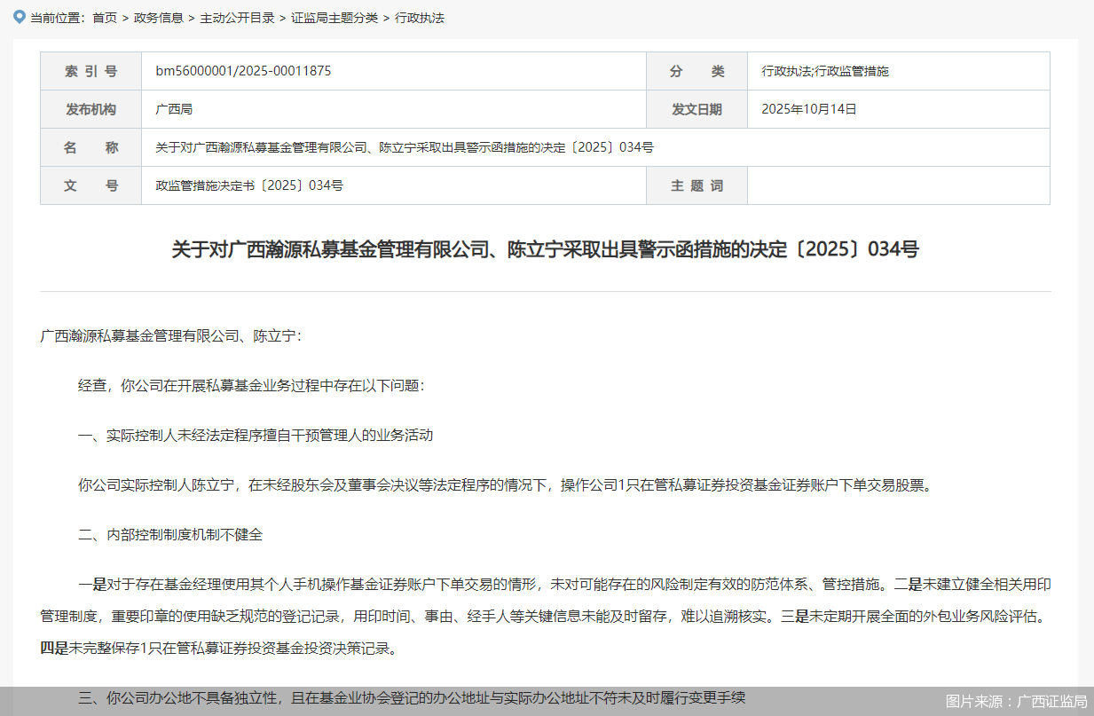 瀚源私募因多项违规遭监管警示，涉及内控与地址问题