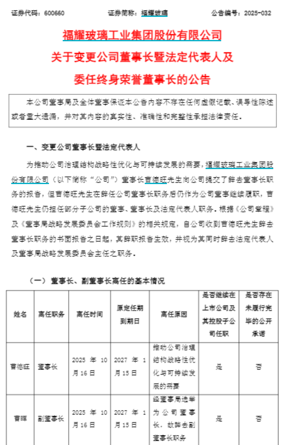 曹德旺卸任福耀玻璃董事长，曹晖正式接棒
