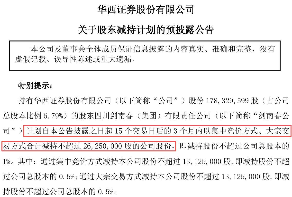 华西证券股东减持公告