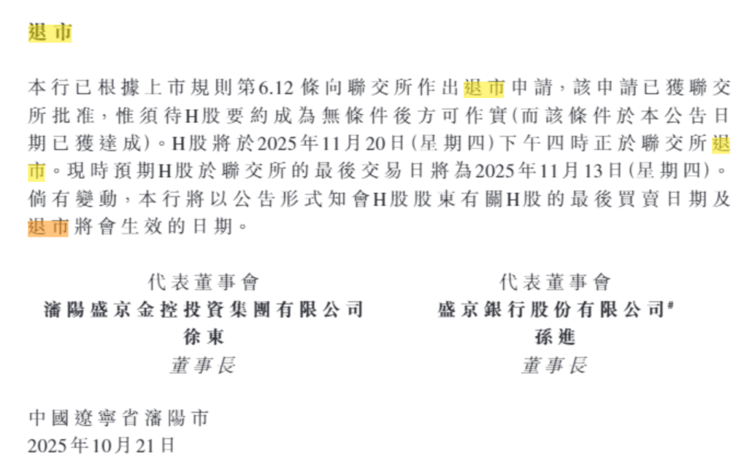 盛京银行拟11月退市：万亿资产银行退出港股市场