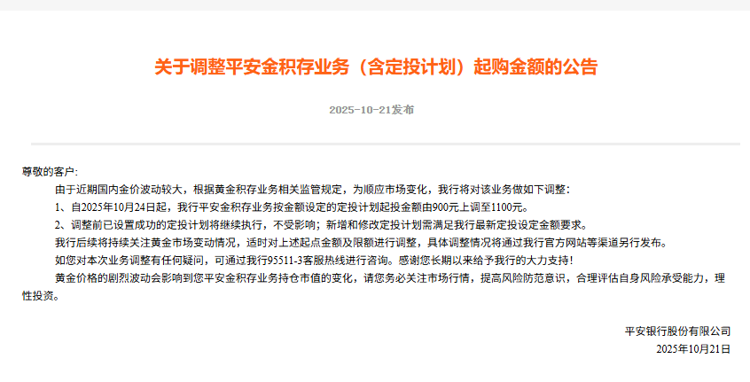 平安银行积存金调整公告