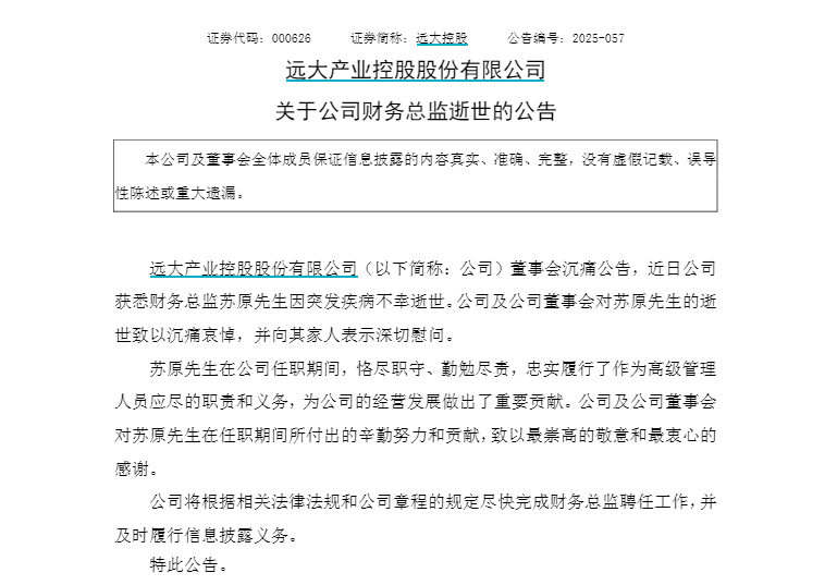 远大控股财务总监苏原突发疾病逝世，年仅40岁，任职两年半