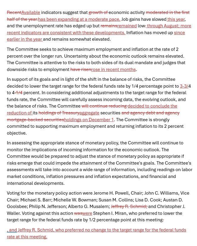 美联储最新政策：降息25基点+12月终止缩表，内部存在分歧