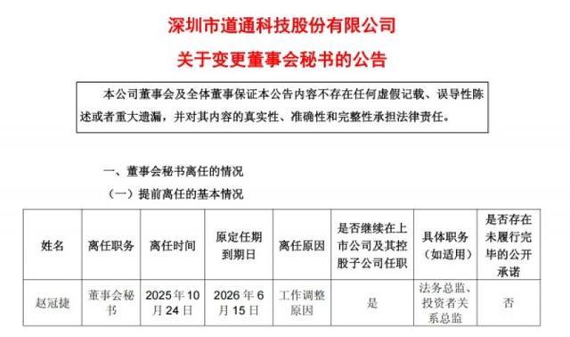 道通科技董秘上任5个月即离任，董秘频繁更替背后有何隐情？