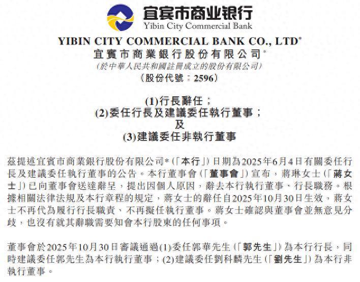 宜宾银行行长变动：蒋琳辞任，郭华接任，上市一年两换帅