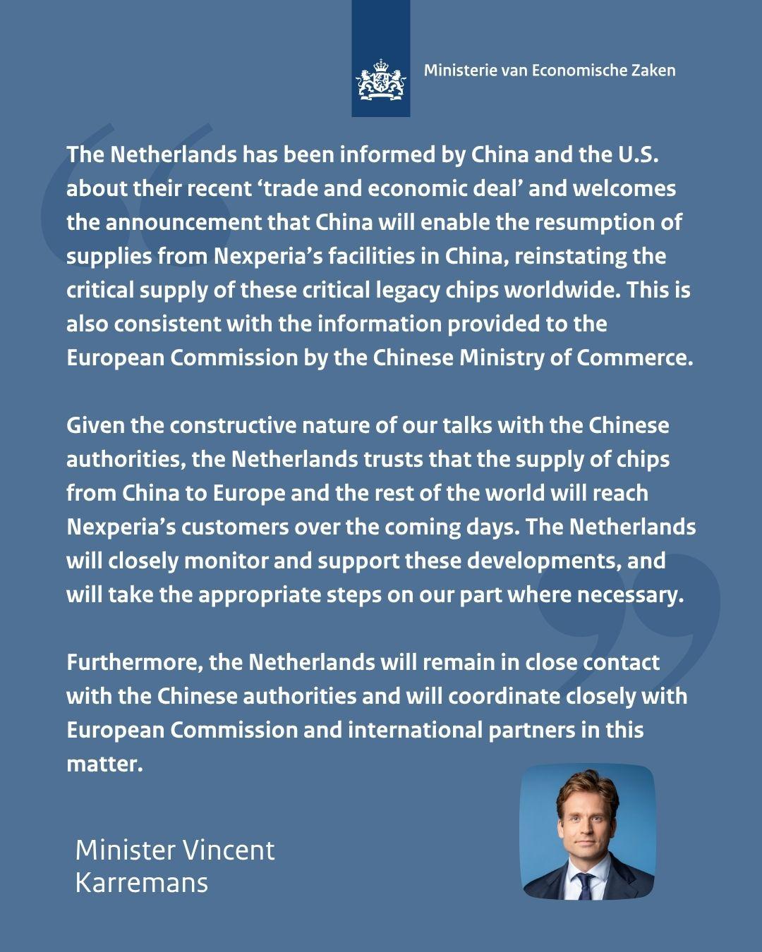 荷兰政府：安世中国芯片供应即将恢复，中荷欧盟持续协调