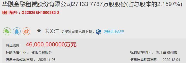 华融金租2.16%股权挂牌转让遇冷，上半年业绩逆袭重回前十