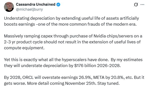 大空头伯里再度开炮：AI巨头涉嫌靠会计手法“虚增”利润