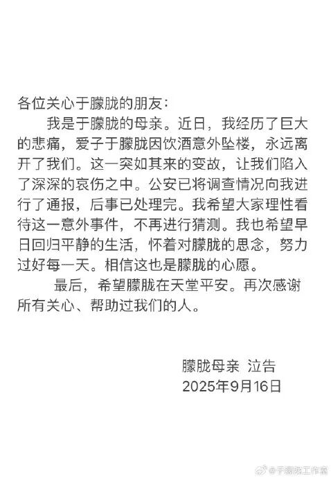 于朦胧母亲发声：儿子因饮酒意外坠楼身亡