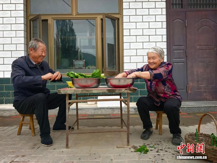环县许旗村村民在新建抗震房前摘菜