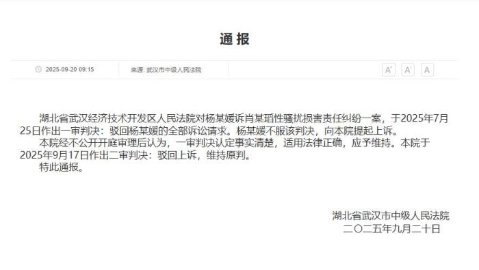 武汉中院二审判决：驳回杨某媛上诉，维持性骚扰案原判