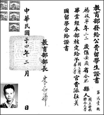 杨振宁公费留学证书
