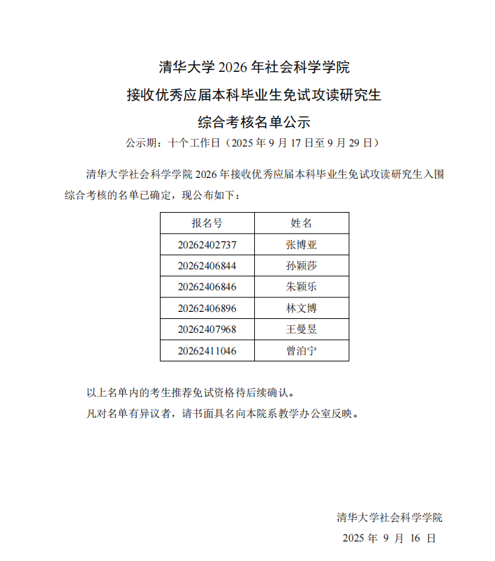 清华大学公示：孙颖莎、王曼昱获免试攻读研究生资格