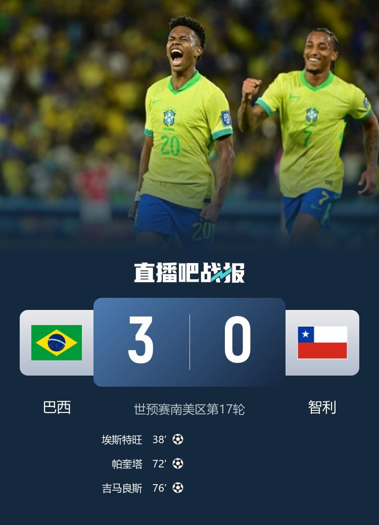世预赛巴西3-0大胜智利 埃斯特旺惊艳倒钩 帕奎塔吉马良斯建功