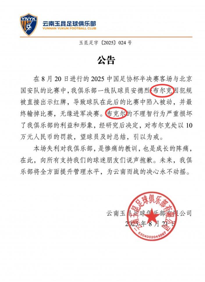 云南玉昆公告失误：布尔克错写布克尔，罚款10万后删博