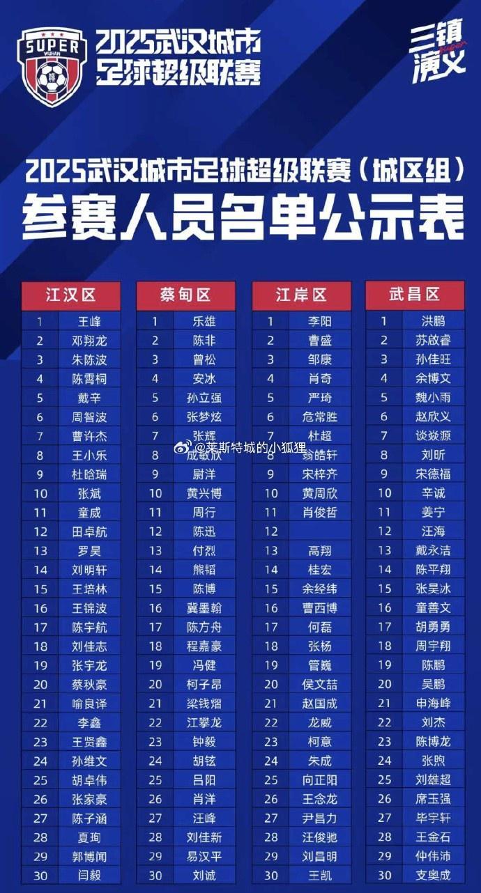 武汉汉超联赛球员名单揭晓，刘邵子洋缺席引关注