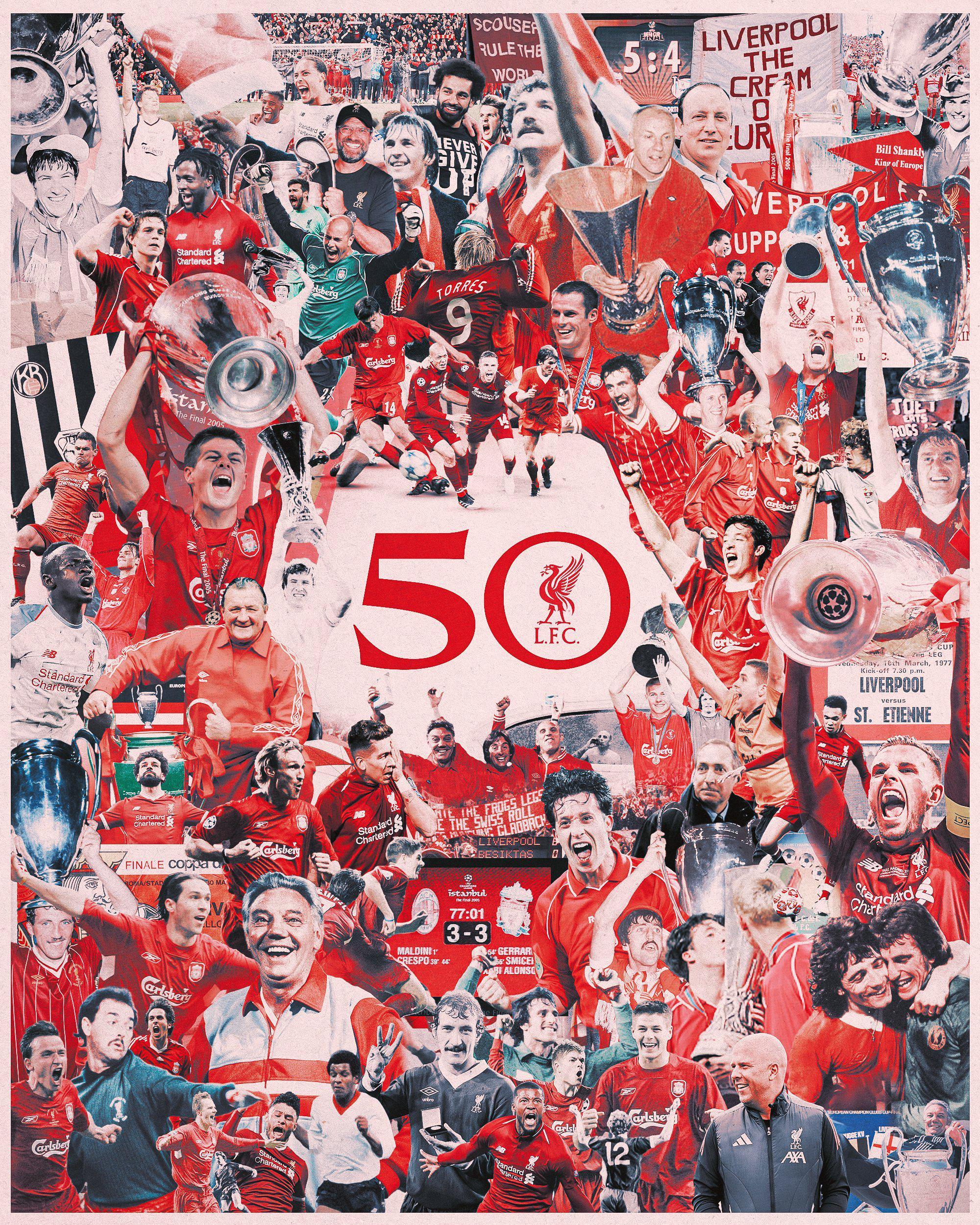 利物浦创欧战历史！官方晒海报庆祝第50个欧战赛季
