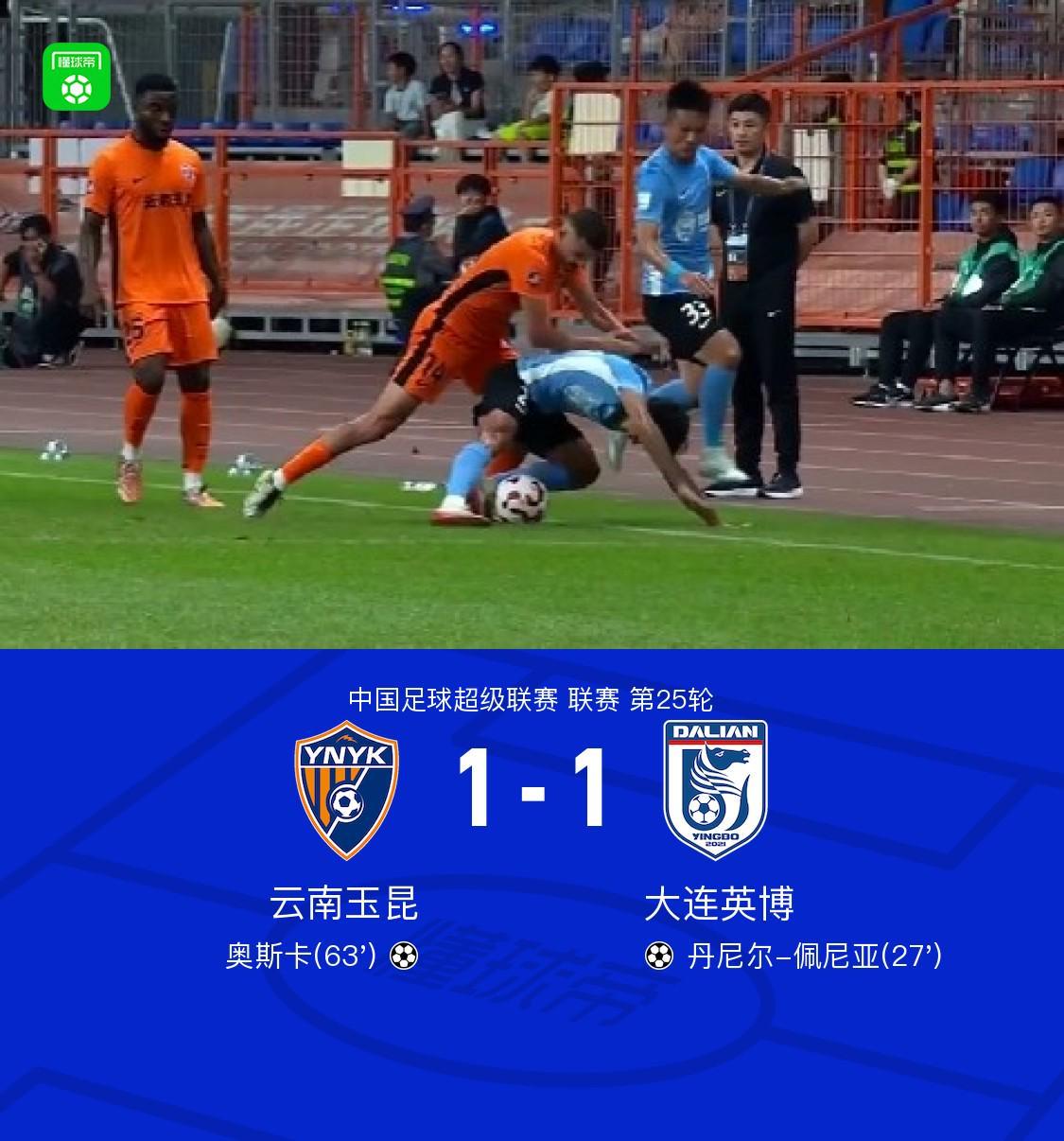 云南1-1战平大连英博：佩尼亚破门，奥斯卡扳平