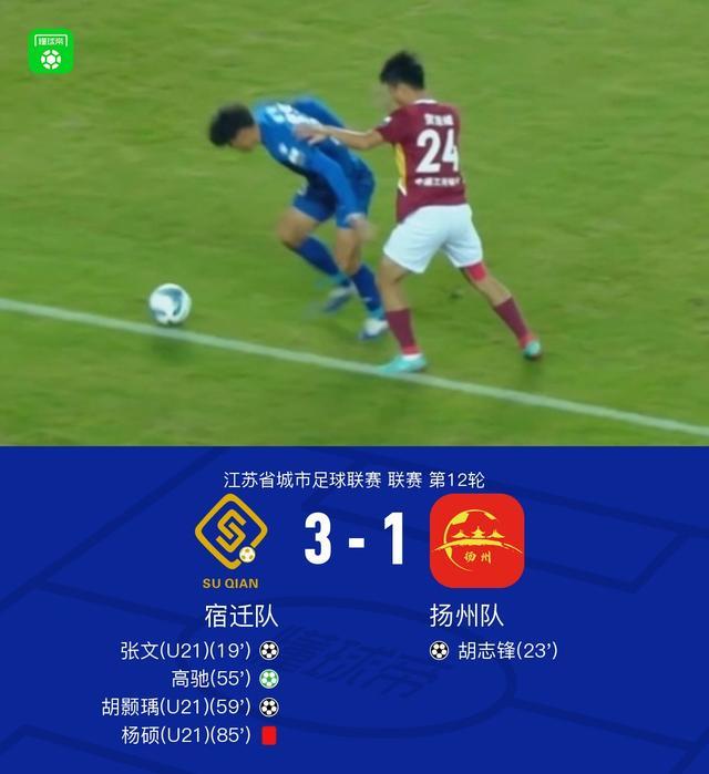 宿迁队3-1力克扬州队：高驰点射建功，张文胡颢瑀破门