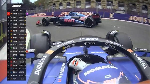 F1阿塞拜疆站第17圈：阿尔本超车撞车科拉平托，遭罚时10秒