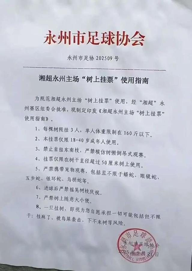 永州足协发布‘树上挂票’指南，网友热议笑点满满