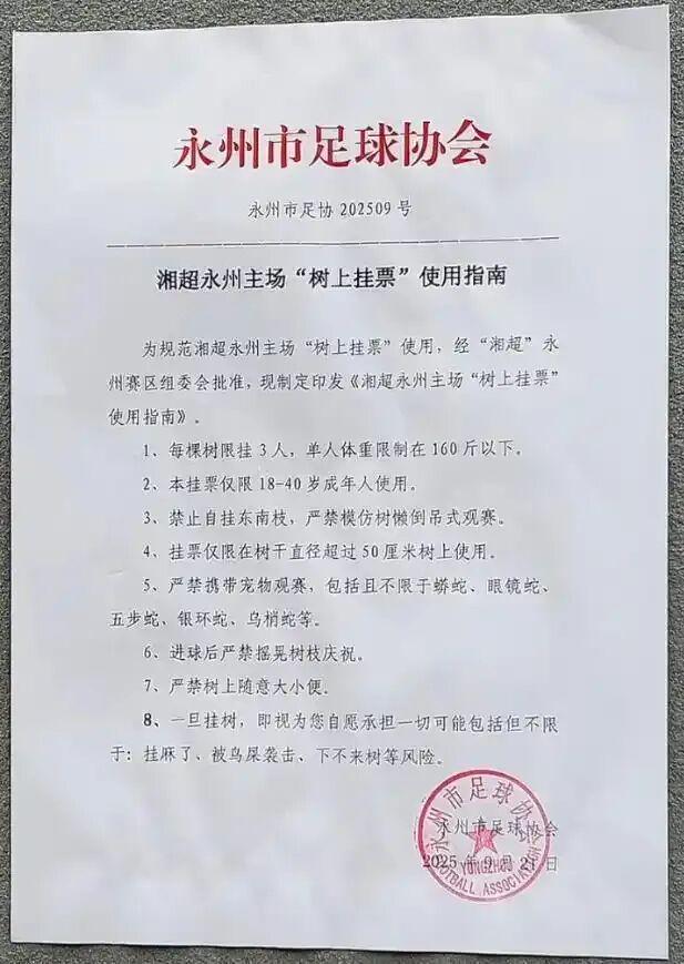 官宣！湘超联赛永州主场“树上挂票”引热议，每树限挂3人