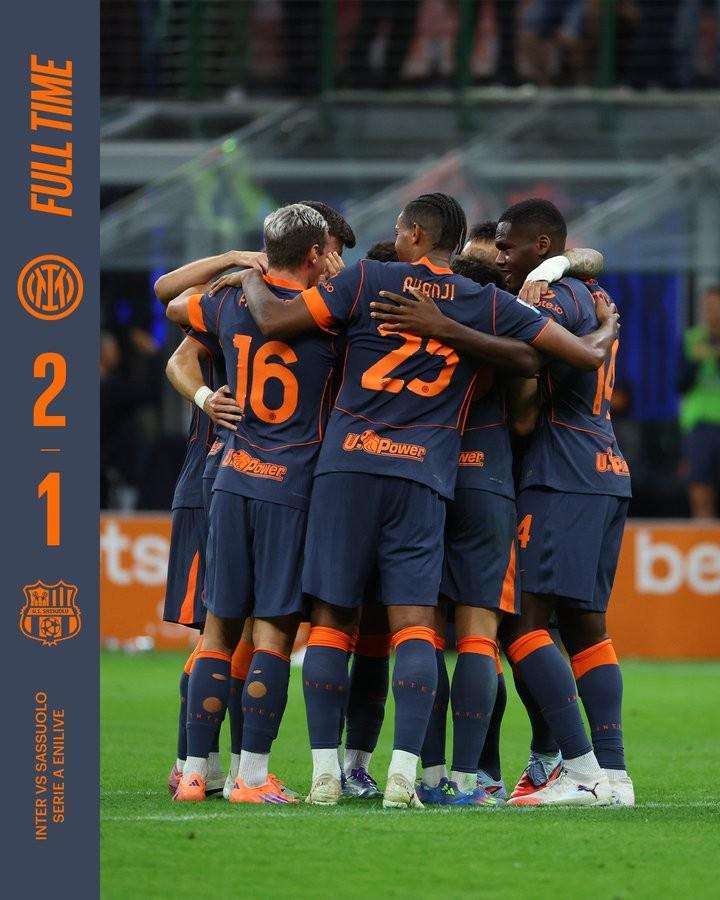国米2-1胜萨索洛，终结对阵两连败，联赛排名暂列第十