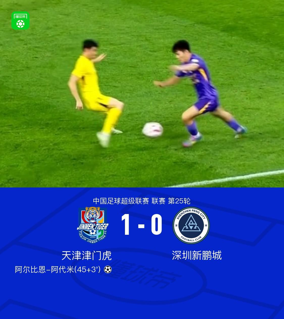 津门虎1-0力克新鹏城，阿代米制胜球成关键，基莱斯中柱遗憾
