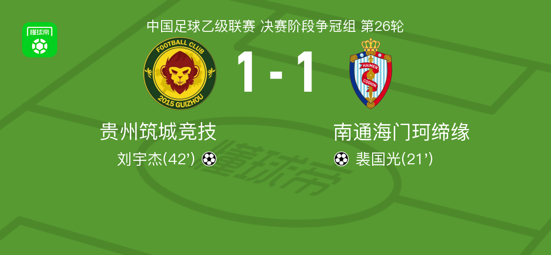贵州筑城竞技1-1战平海门珂缔缘：裴国光首开纪录，刘宇杰扳平